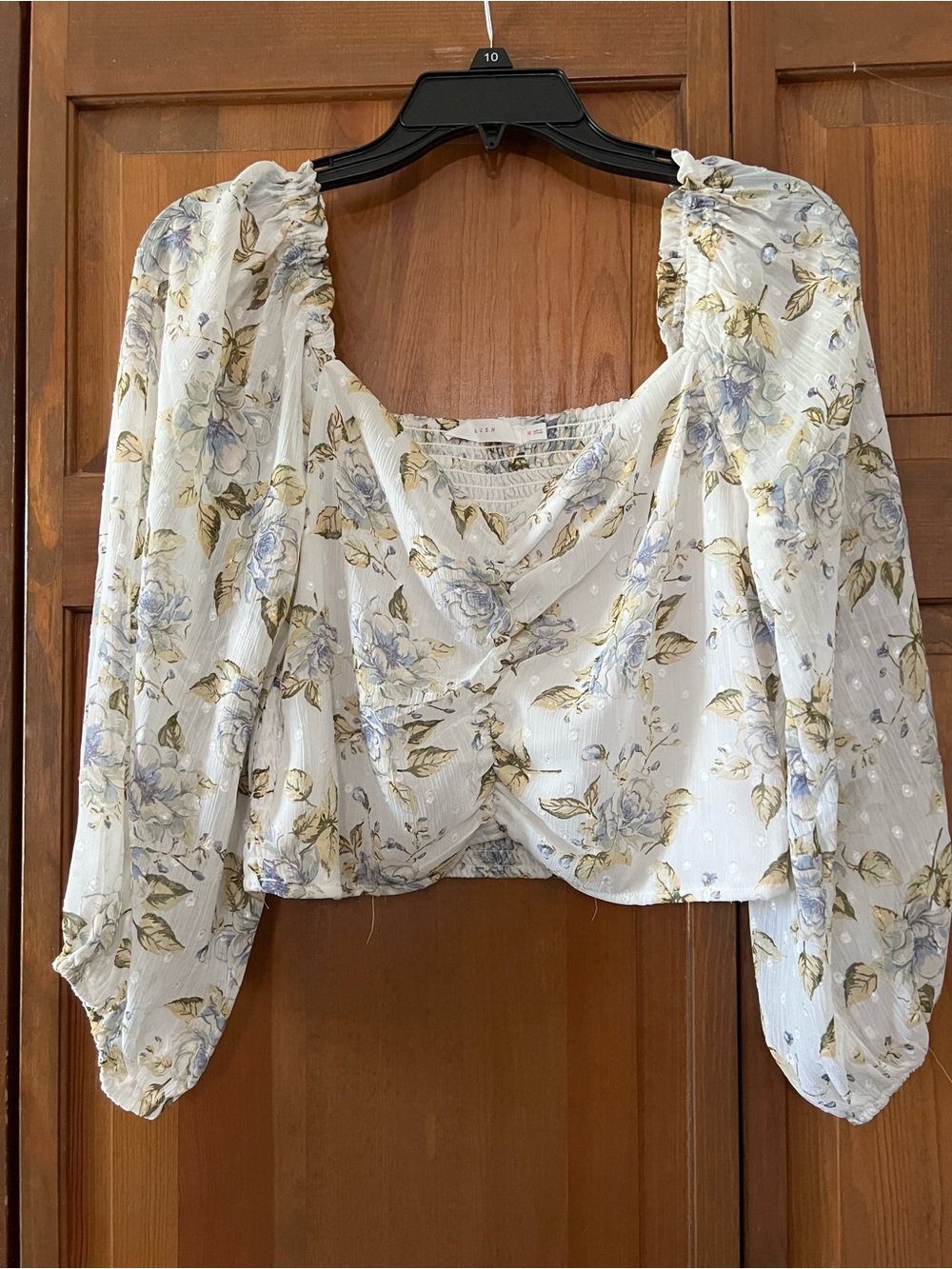 Lush White Floral Puff-Sleeve Twist-Front Crop Top with Light Blue & Olive Print